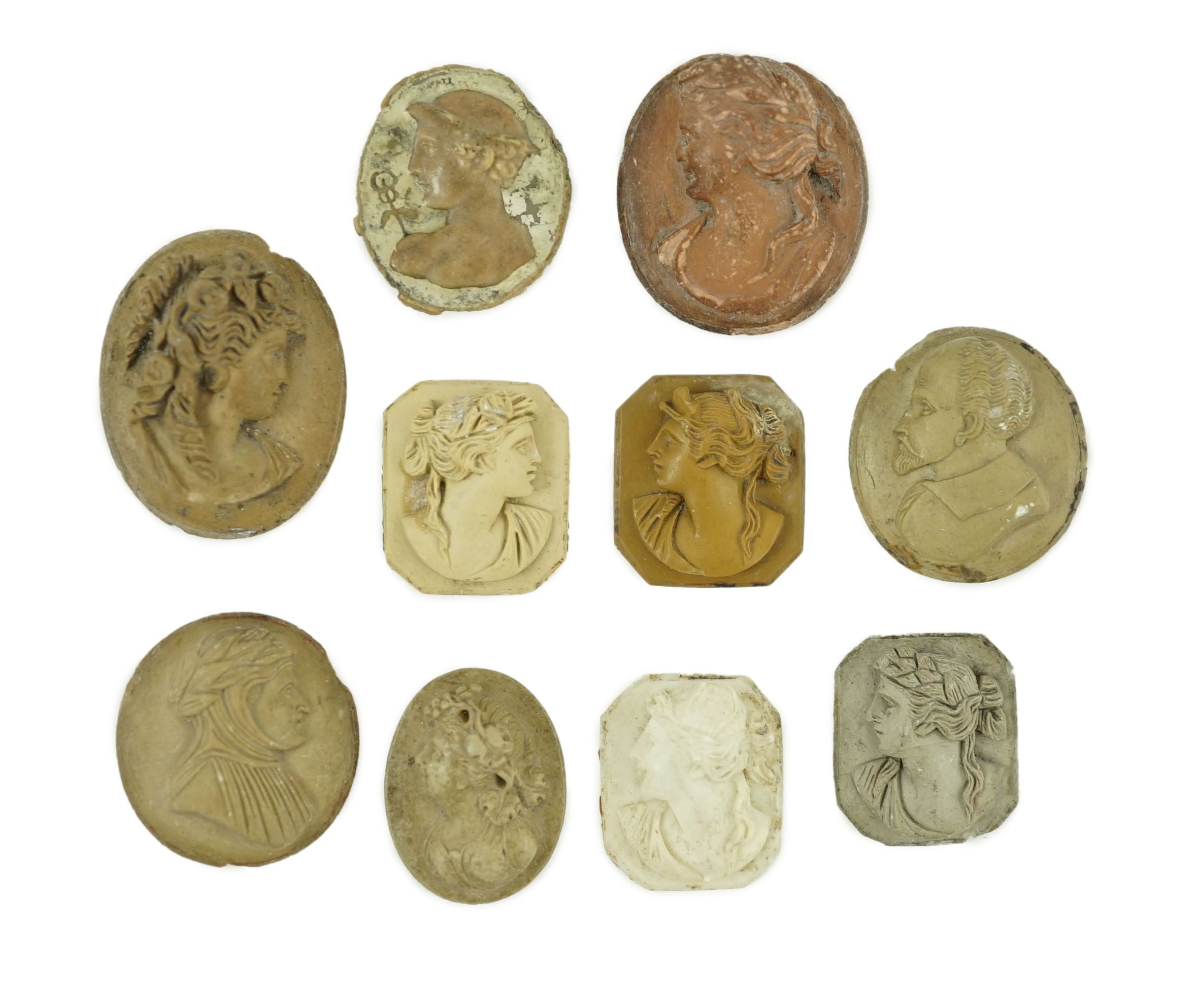 An antique hardstone cameo of Hermes and nine Italian lava cameos largest 2.75 x 2.25cm.